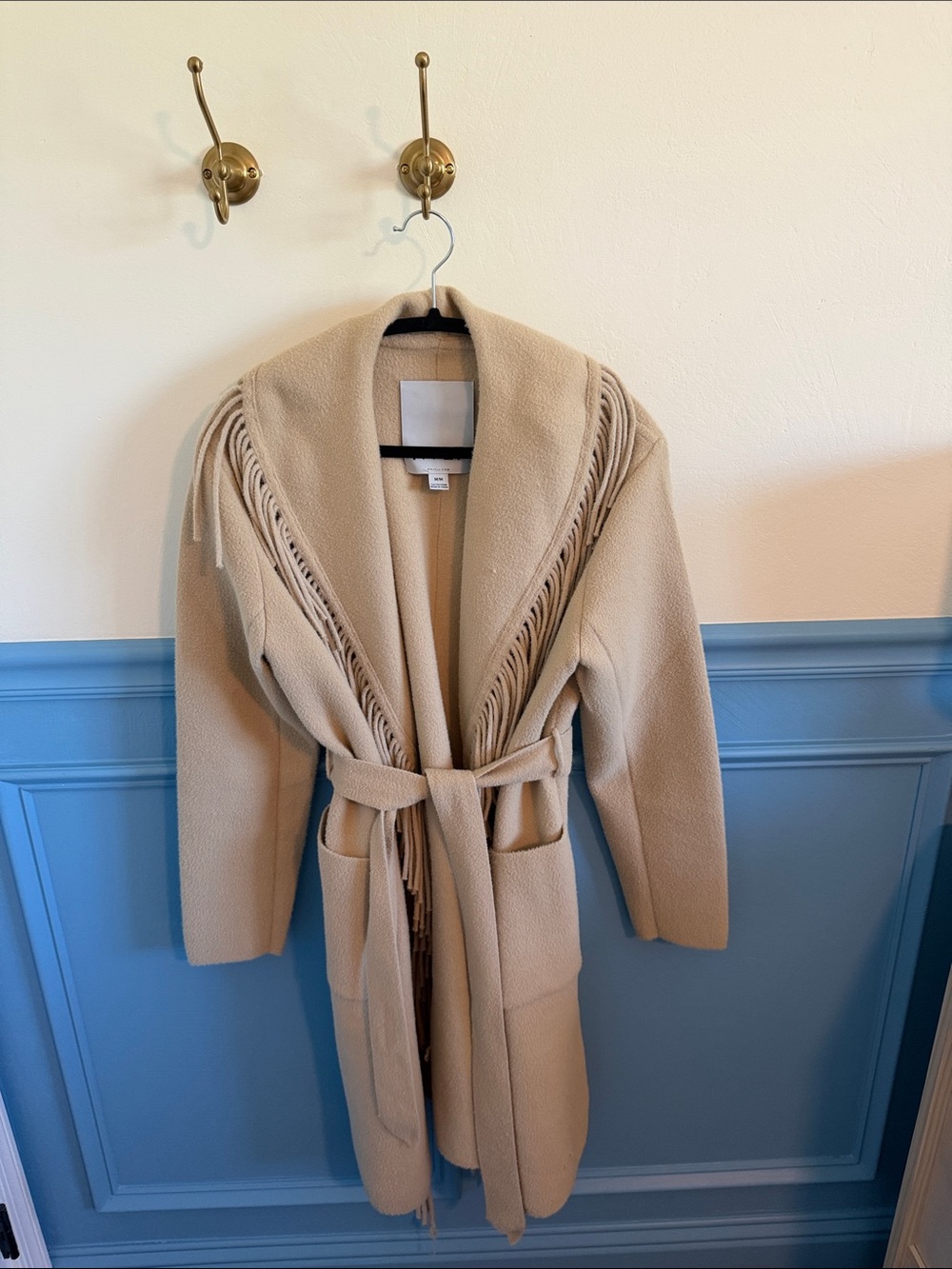 Anthropologie Beige Fringe-Trim Oversized Western Wrap Sweater Coat